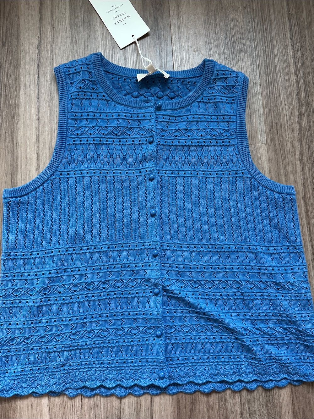 Sezane Cerulean Blue Crochet Knit Button-Front Shell - Picture 3 of 12